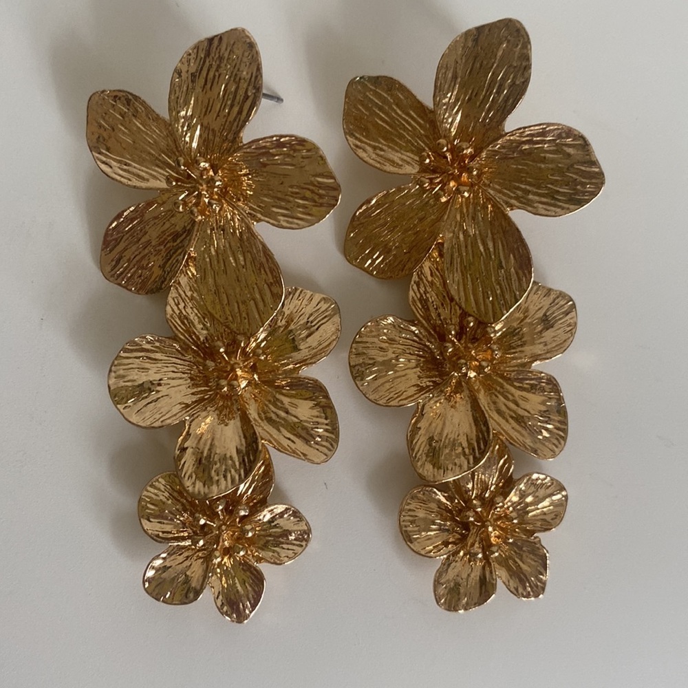 Gold tone triple flower dangle drop earrings Bold Feminine Party Earrings